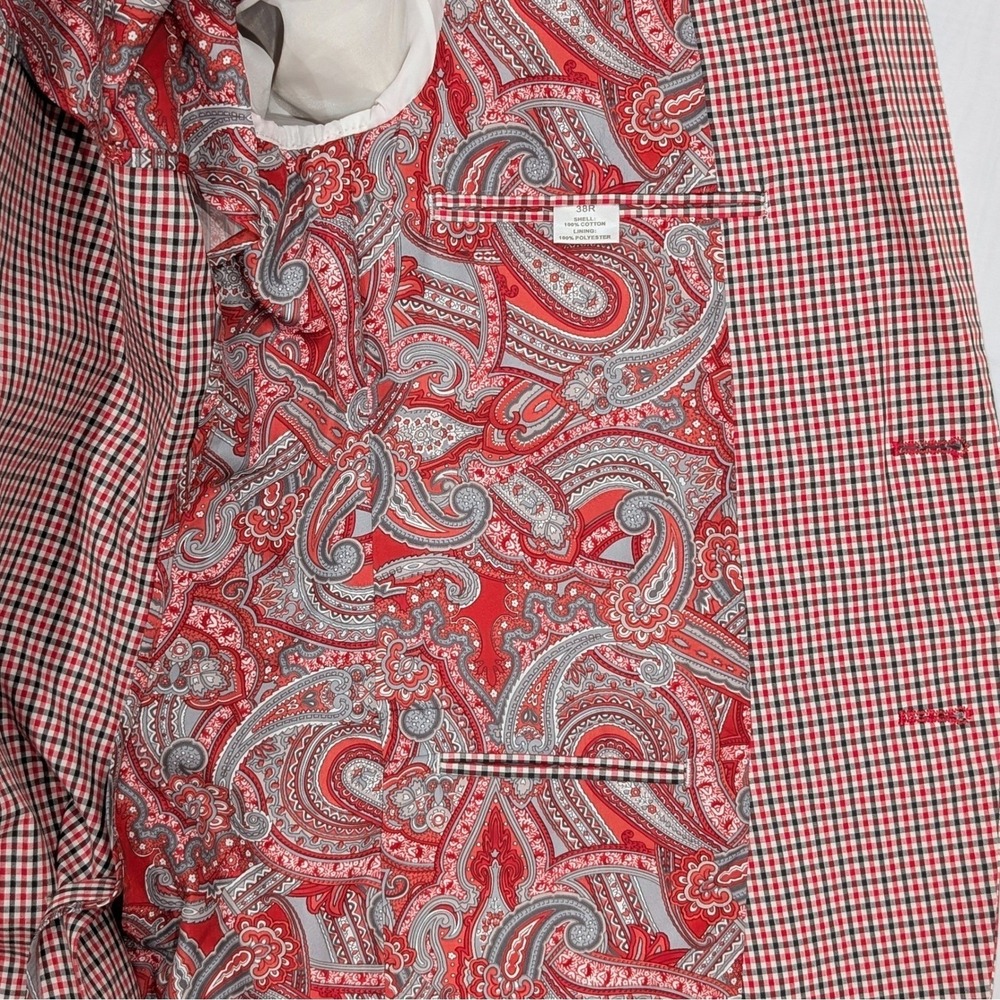 Adolfo Blazer 38R Cotton Crimson Red Gingham Summer Breeze Paisley Elbow Patches - Picture 10 of 15